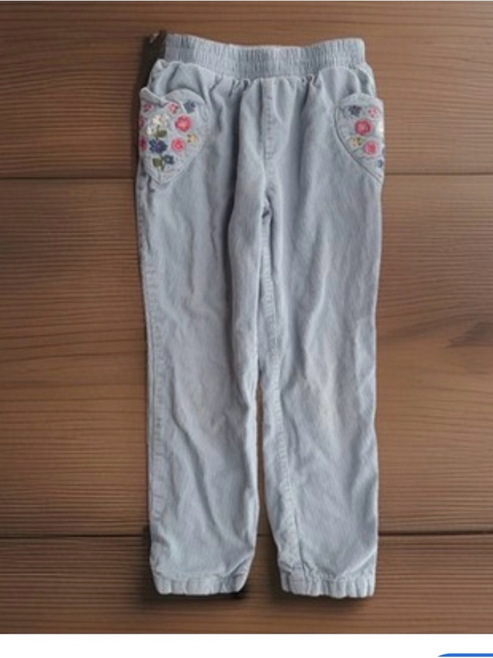 Mini Boden Girls Embroidered Corduroy Pants Light Blue Heart-Shape Pockets